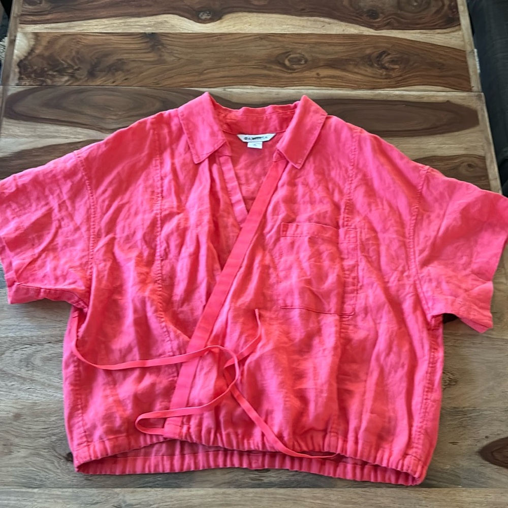 Athleta Red 100% Linen Short Sleeve Wrap Blouse - Size XL